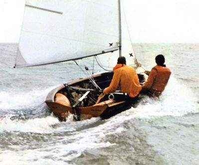 Keith Callaghan and Patrick Blake in Merlin Rocket 2713 'Myth Isle' at Hastings, c1973